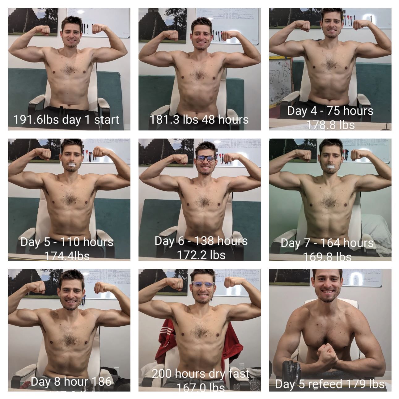 31 day 'dirty' water fast, progress pics. Top row is three weeks ago, bottom row is yesterday. : r/fasting